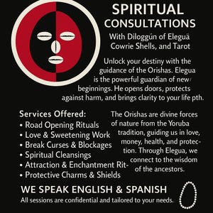 Op de afbeelding: Een zwart en rood grafisch ontwerp met de tekst "SPIRITUELE CONSULTATIES" en een lijst met aangeboden diensten, waaronder Road Opening Rituals en Spiritual Cleansings. De tekst vermeldt ook Diloggun van Elegu&auml;, Cowrie Shells en Tarot.