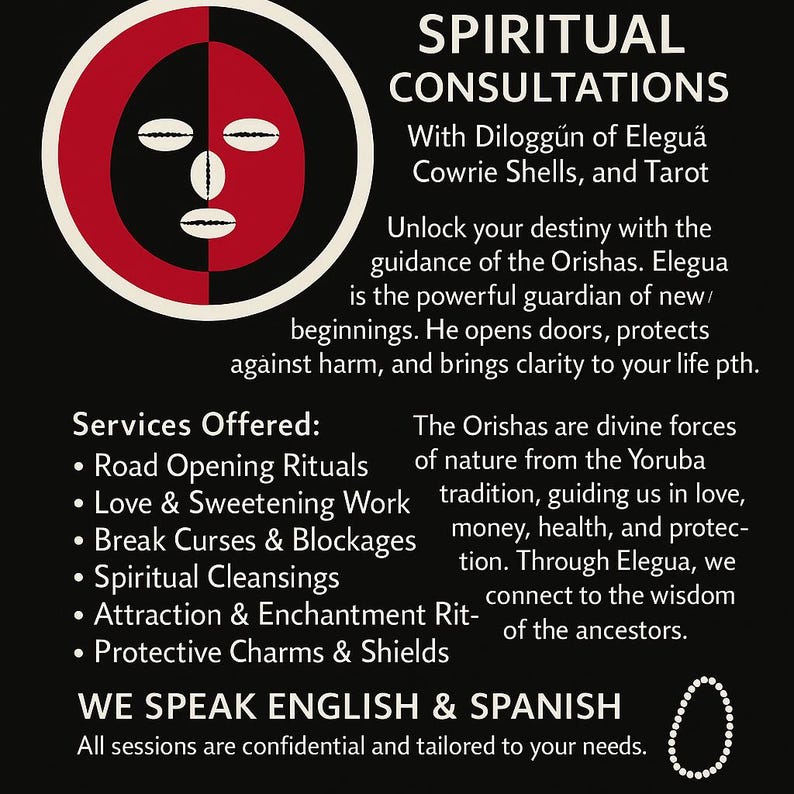 Op de afbeelding: Een zwart en rood grafisch ontwerp met de tekst "SPIRITUELE CONSULTATIES" en een lijst met aangeboden diensten, waaronder Road Opening Rituals en Spiritual Cleansings. De tekst vermeldt ook Diloggun van Elegu&auml;, Cowrie Shells en Tarot.