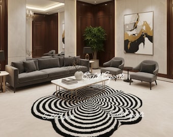 Hand-Tufted Black White Swirl Wool Rug, Irregular Flower Carpet, Modern Abstract Living Room Mat