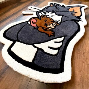 Tom hugging Jerry Rug Handmade Tufted Cartoon Rug for Kids Room or Nursery, Fluffy carpet custom dragon wool rug, Gift for kids Room