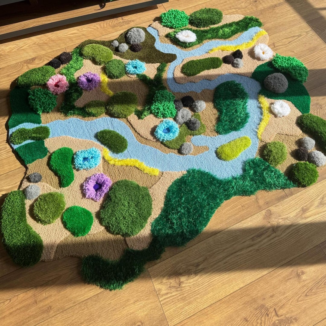 Handmade Tufted Wool Landscape Rug – 3D Moss River Meadow Carpet - Etsy