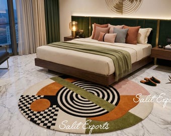 Handgetufteter Abstrakter Ovaler Teppich, Moderner Geometrischer Wollteppich, Boho Dekor