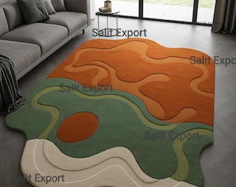 Handmade Abstract Wool Rug | Fluid Wavy Design | Earth Tones Custom Rugs