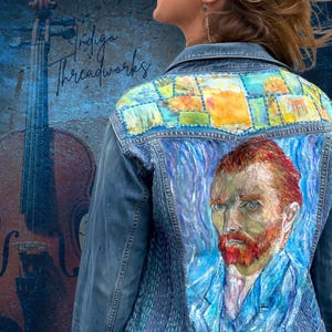 Van Gogh Self Portrait Denim Jacket – Hand Painted Upcycled Jean Jacket – Boho Festival Jacket - Wearable Art – Statement Artist Jacket