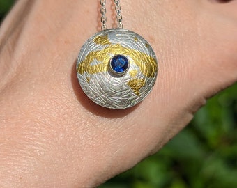 Handmade Silver Pendant Necklace, Keum Boo Gold, Blue Sapphire