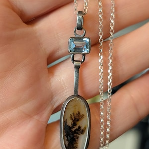 Dendritic Agate, Blue Topaz Silver Pendant with chain, handmade, oxidized