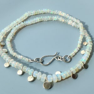 Ethiopian Opal Beads Necklace with Recycled Silver Hammered Disks Hand-knotted Silk 18 inches Present for Her October Gemstone