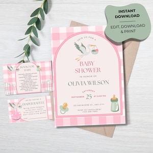 Pink Baby Shower Invitation Bundle | Editable Invite, Diaper Raffle & Book for Baby Card | Canva Template | Girl Baby Shower