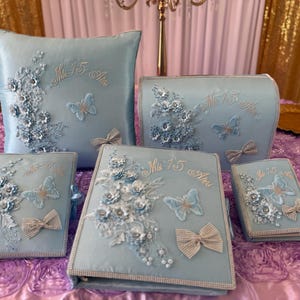 Elegant Baby blue and Silver Quinceañera accessories full 6pcs set (album, guest book, Bible, pillow, money box, last doll)