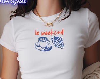Le Weekend Brunch Coffee Lover Baby-T-shirt, Coffee Croissant Graphic Crop Top, Brunch Esthetic T-shirt, Coffee Lover Gift, Parisian Aesthetic Top