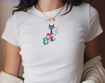 Y2K Pete The Cat Guitar Baby Tee, Groovy Cartoon Cat Graphic Crop Top, Rock Kitten Esthetic Tee, Trendy Punk Kleding, Shirt Cat Lover