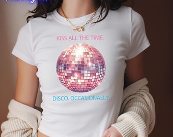 Kiss All The Time. Disco Occasionally Baby Tee, Harry Styles Album Merch Tour Concert Aesthetic Crop Tops, Pink Disco Ball Graphic Outfit