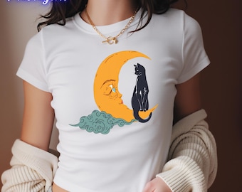 Y2K Witchy celestial baby-shirt, zwarte kat wassende maan grafische crop top, jaren 90 vintage maan en sterren geïnspireerd grafisch T-shirt, shirt kattenliefhebber