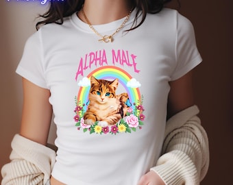 Y2K Alpha Male Funny Kitten Meme Baby Tee, Funny Kitten Rainbow Graphic Crop Top, Gen Z Humor Shirt, Funny Cat Meme Cadeau voor kattenliefhebber