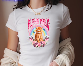 Y2K Alpha Male Funny Kitten Meme Baby Tee, Funny Cat Meme Graphic Crop Top, Funny Kitten Rainbow Shirt, Cadeau voor kattenliefhebber, Gen Z Humor