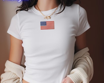Geborduurd baby-shirt Amerikaanse vlag, grafische crop top VS vlag, shirt 4 juli, shirt VS patriottische, Amerikaanse onafhankelijkheidsdag 250e shirt