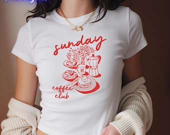 Y2K Sunday Coffee Club print baby-T-shirt, Red Line Art Moka Pot Pancake Graphic Crop Top, Coffee Club Vibe Esthetic T-shirt, Coffee Addict cadeau