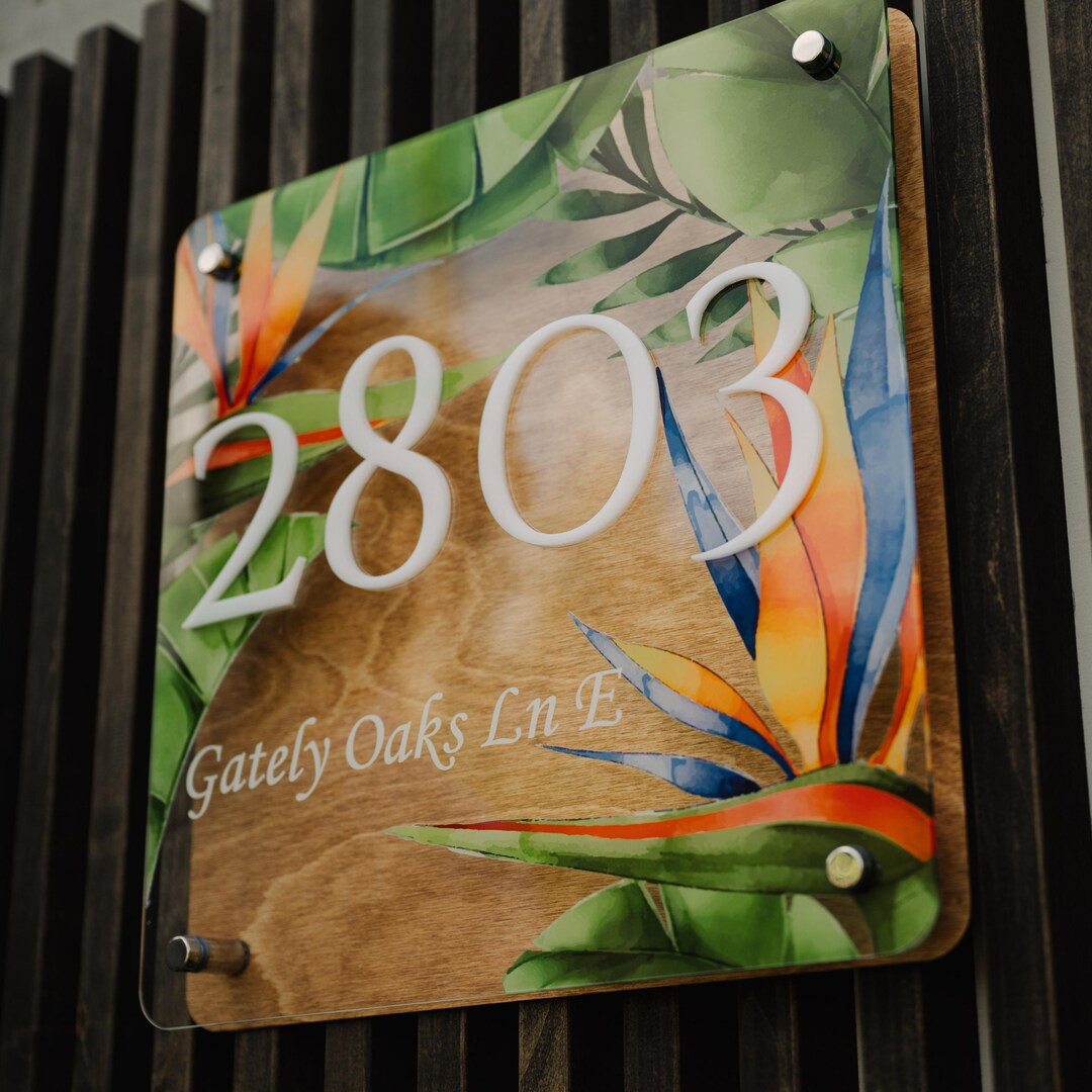 Personalized Floral Wooden Address Sign: Modern Acrylic & Wood Outdoor ...