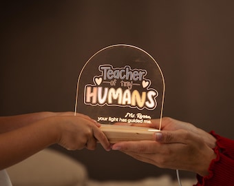 Gepersonaliseerd acrylnachtlampje: cadeau leraar waardering, houten basis