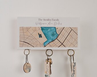 Personalized City Map Key Holder, Handmade Wooden Housewarming Gift