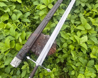 Hand Forged Double Edge Collector Sword, Handmade Medieval Style Display Piece, Wood Handle, Sheath Included