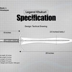 May include: A technical drawing of a Legend Khukuri sword on a grid background. The handle is 8 inches long, the blade is 25 inches long, and the belly is 2.5 inches wide. Specifications include a blade weight of 910 grams and a total weight of 1500 grams.