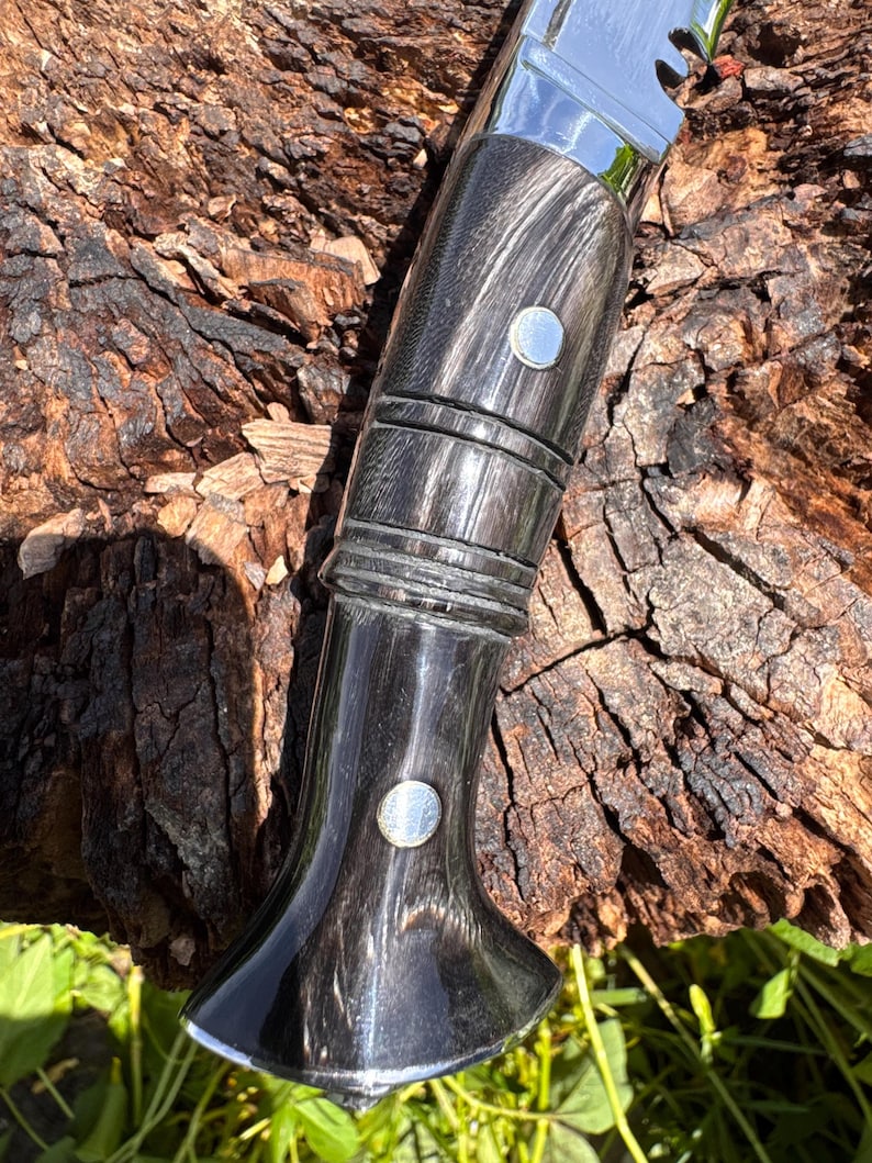 May include: Close-up of a knife handle with a dark, wood-grain finish. The handle has a curved shape with two silver rivets and a polished, reflective surface. The blade is silver and the knife is resting on a textured, brown surface.