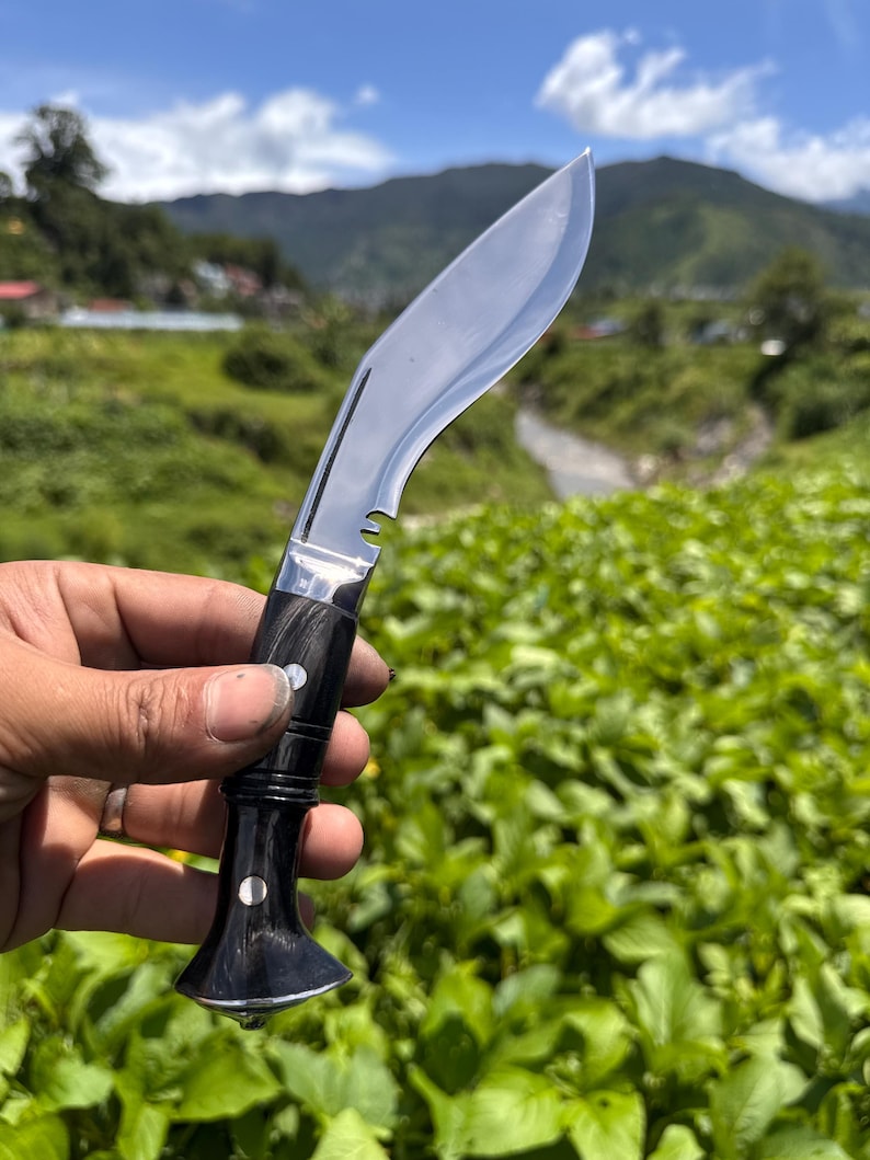 May include: A kukri knife with a curved, polished steel blade and a black handle with silver accents. The knife is held against a backdrop of green foliage, mountains, and a blue sky.