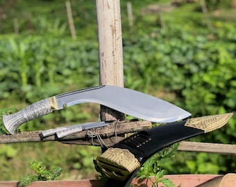 Hand Forged 13" Heavy Curved Machete - High Carbon Steel Kukri Knife - Full Tang Bushcraft Survival Tool - Custom Leather Sheath Gift