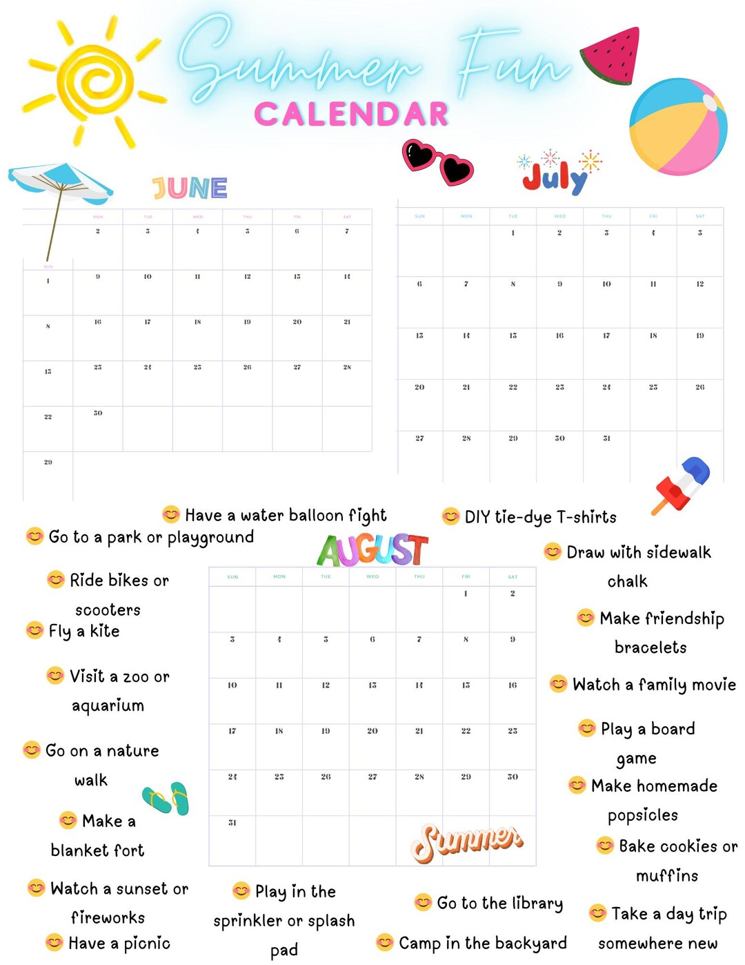 Summer Fun Calendar - Etsy