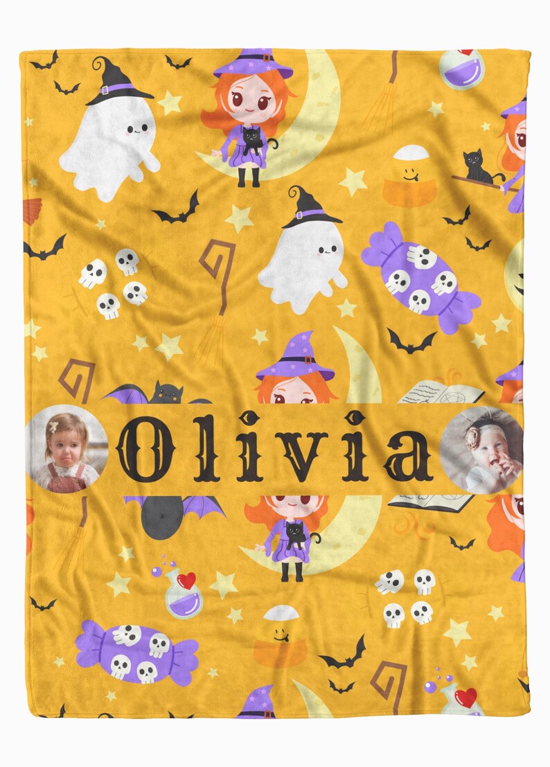 May include: A personalized Halloween-themed blanket in yellow with a repeating pattern of ghosts, witches, bats, and candy. The name "Olivia" is prominently displayed. Includes two small photos.