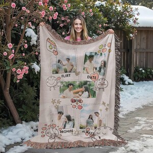 May include: Beige woven throw blanket with a fringe edge. The blanket features four photo frames with images of a couple, and the words "Flirt", "Date", "Love", "Promise", and "Always" are printed on the blanket.