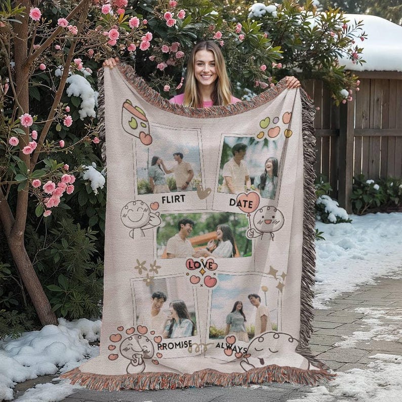 May include: Beige woven throw blanket with a fringe edge. The blanket features four photo frames with images of a couple, and the words "Flirt", "Date", "Love", "Promise", and "Always" are printed on the blanket.