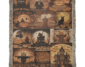 Halloween Watching Movie Blanket, Vintage Spooky Season Woven Throw, Jack-o'-Lantern Tapestry Blanket, Cozy Halloween Home Decor Gift