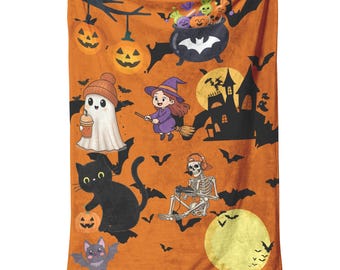 Halloween Fleece Blanket for Kids, Cute Spooky Ghost Witch Cat Blanket, Cozy Fall Throw, Pumpkin Decor, Halloween Movie Night Gift