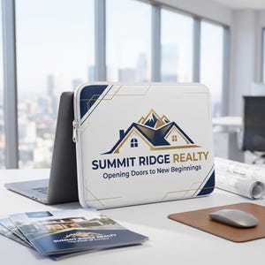 May include: A white laptop sleeve featuring a dark blue and gold mountain house logo with the text Summit Ridge Realty and the slogan Opening Doors to New Beginnings. The sleeve has a zipper closure and thin gold geometric line accents.