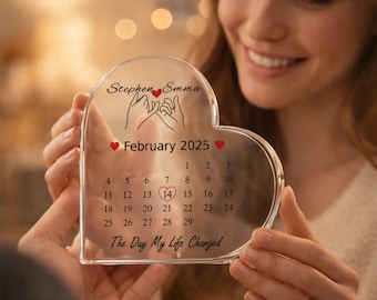 Custom Heart Acrylic Plaque, Personalized Couple Portrait with Names and Date, Valentine Gift, Newly Engaged, Wedding & First Valentine Gift