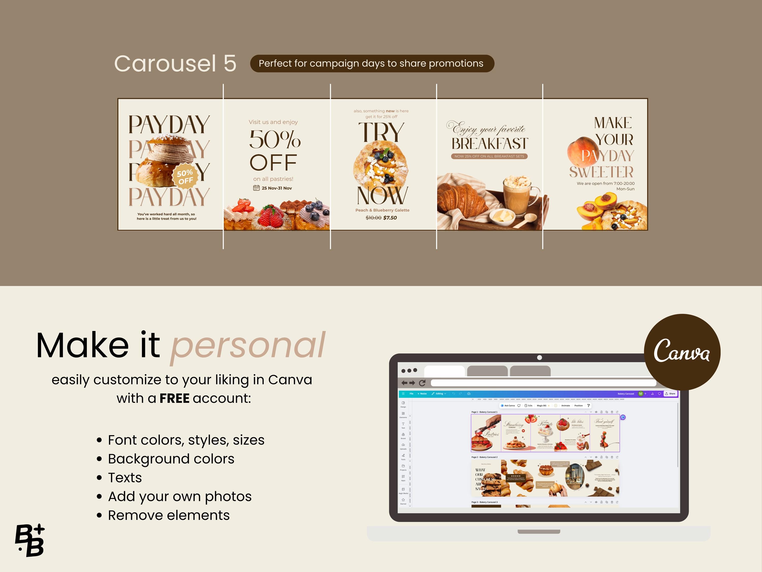 Instagram Carousel Social Media Canva Templates for Bakeries Cafes and ...