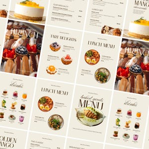 Puede incluir: Un collage de menús de una panadería, con opciones de productos horneados, brunch y almuerzo. Los menús muestran varios postres, incluyendo tarta de queso y tartas, junto con bebidas. La paleta de colores es suave, con fondos beige y tipografía elegante.