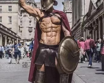 Spartan Warrior Costume Set: Steel Armor, Shield, Red Cloak - LARP Cosplay