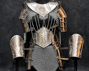 Medieval Fantasy Armor Set with Chainmail – Handmade Steel Breastplate, Shoulder Armor & Arm Guards – LARP Costume, Cosplay Knight Armor