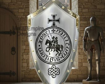 Medieval Templar Knight Shield | Handcrafted Steel Armor with Engraving | Halloween Costume, Cosplay, LARP & Collectible