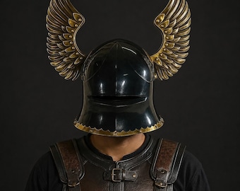 Winged Medieval Knight Helmet, Black Steel Fantasy Armor Helmet, Viking Warrior Cosplay Helmet, LARP, Reenactment, Renaissance Costume Gift