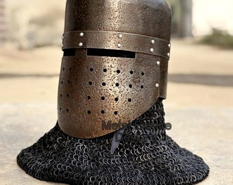 Medieval Knight Helmet with Chainmail Aventail, Handmade Steel Crusader Great Helm, Templar Armor Helmet for LARP Cosplay, Renaissance Helm