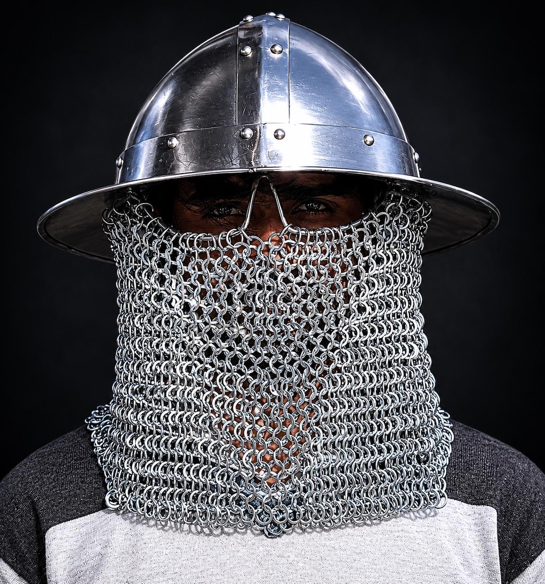 Handmade Steel Kettle Hat Helmet With Chainmail Coif, Crusader