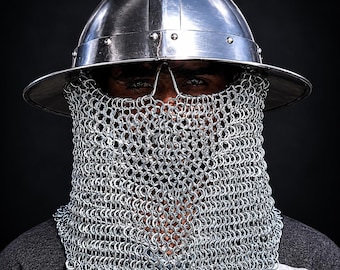 Handmade Steel Kettle Hat Helmet with Chainmail Coif, Crusader Infantry Armor Helm
