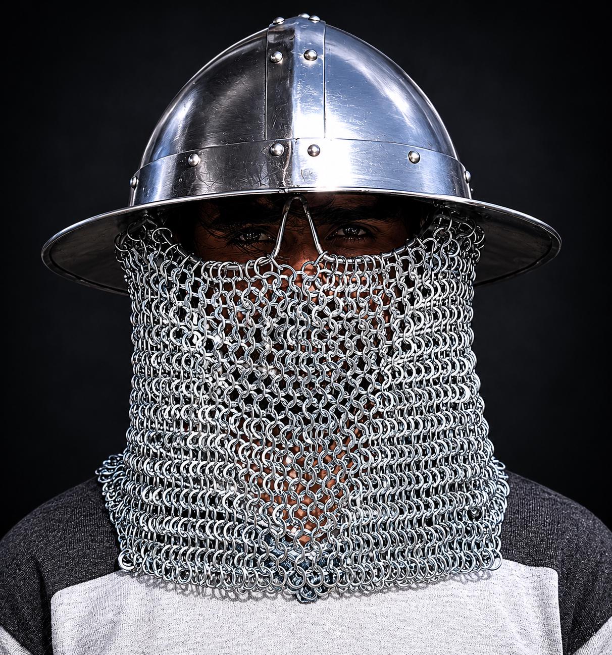 Handmade Steel Kettle Hat Helmet With Chainmail Coif, Crusader