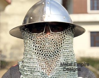 Medieval Kettle Hat Helmet with Chainmail Coif, Handmade Steel Armor Helmet, Crusader Infantry Helm, LARP Cosplay Costume, Renaissance Helm