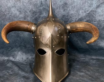 Medieval Viking Warrior Steel Helmet with Wooden Horns | Authentic Horned Helmet | Handmade Armor