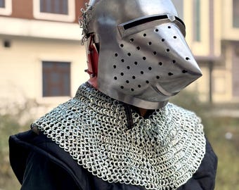 Medieval Knight Bascinet Helmet with Chainmail And Black Padded liner Full contact soft under-helm Aventail - Battle-Ready Helmet